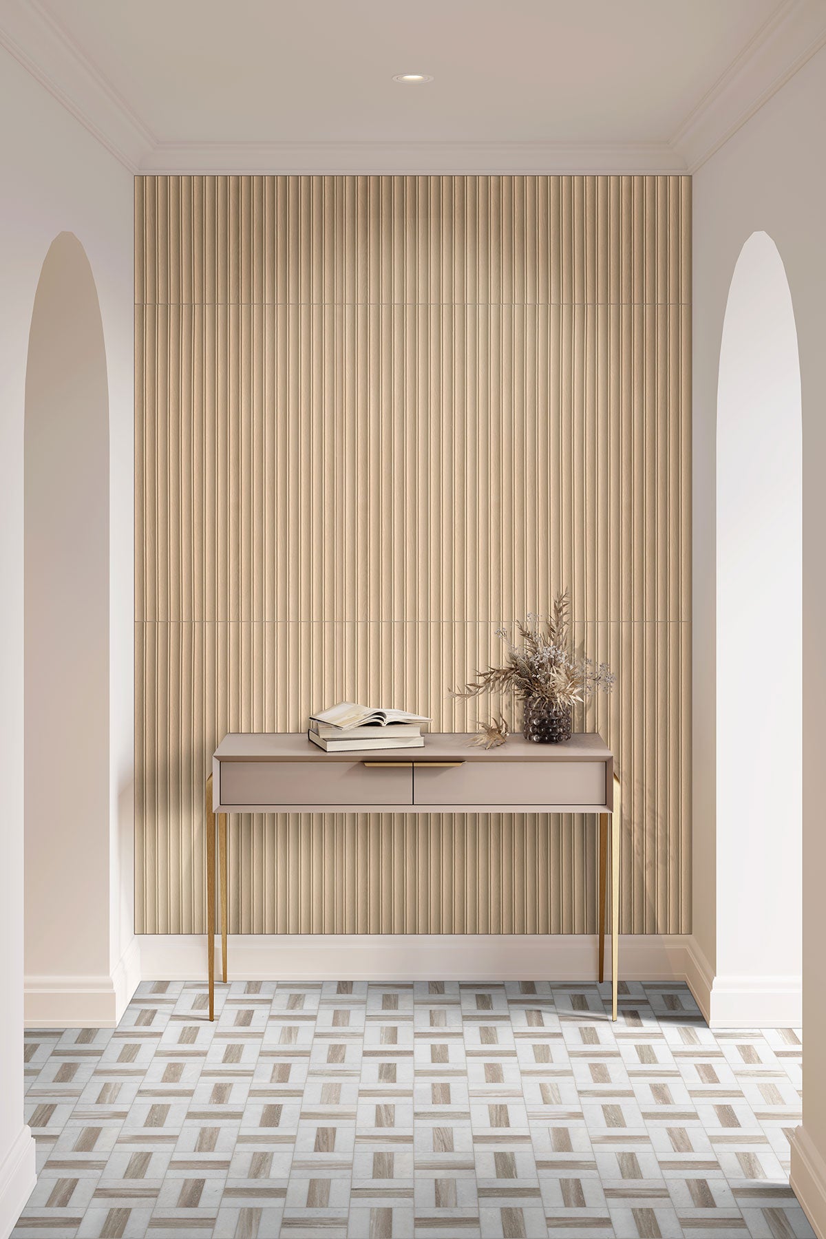 16x48 Urbanslat Mosaic Wood-Look Matte 3D Geometric Line-Relief Ceramic Tile Soft Beige