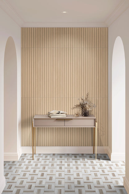 16x48 Urbanslat Mosaic Wood-Look Matte 3D Geometric Line-Relief Ceramic Tile Soft Beige