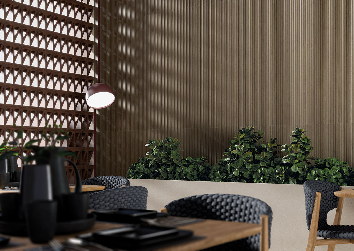 16x48 Urbanslat Mosaic Wood-Look Matte 3D Geometric Line-Relief Ceramic Tile Dark Brown