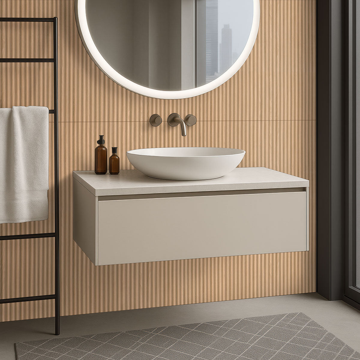 16x48 Urbanslat Mosaic Wood-Look Matte 3D Geometric Line-Relief Ceramic Tile Warm Beige
