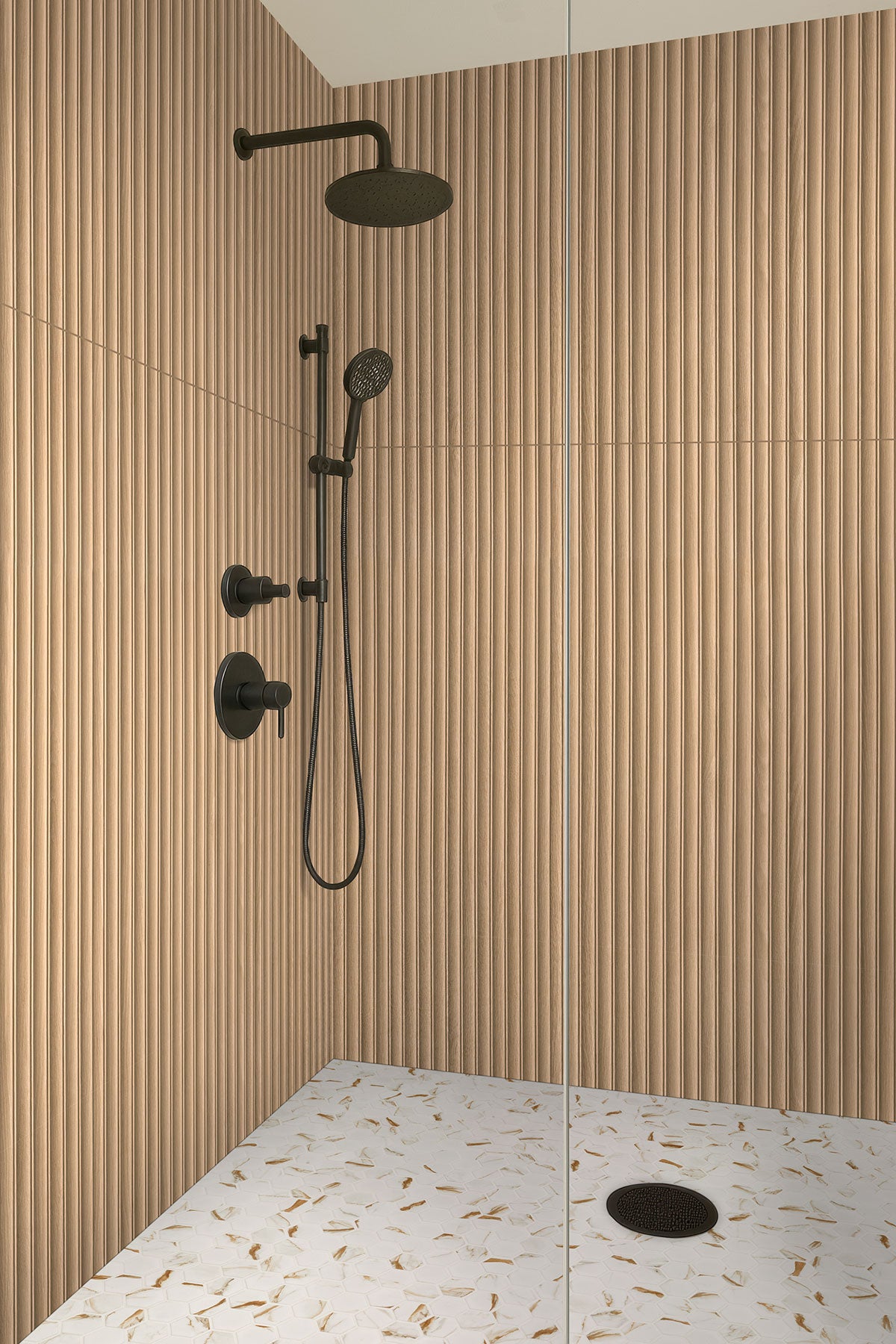 16x48 Urbanslat Mosaic Wood-Look Matte 3D Geometric Line-Relief Ceramic Tile Warm Beige