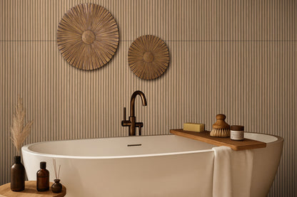 16x48 Urbanslat Mosaic Wood-Look Matte 3D Geometric Line-Relief Ceramic Tile Warm Beige