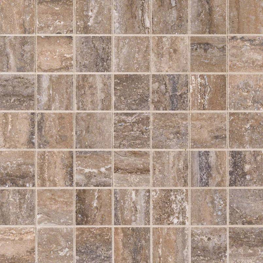 2x2 Veneto Mosaic Travertine-Look Matte Textured Porcelain Tile Brown Taupe