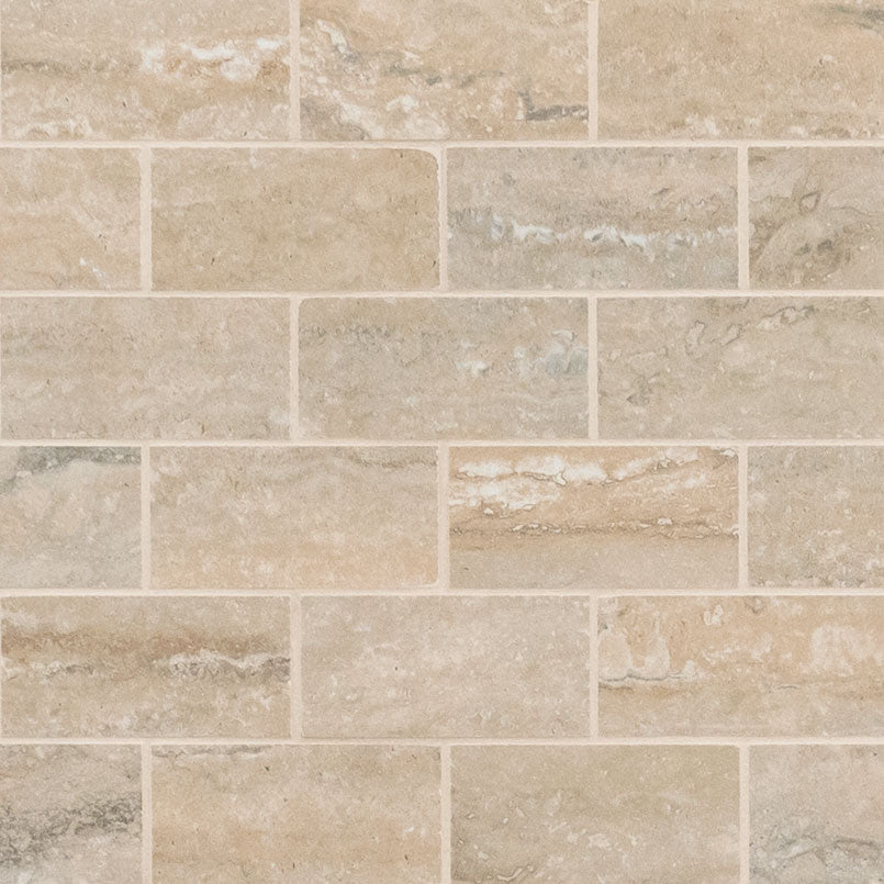 2x4 Veneto Mosaic Travertine-Look Polished Textured Porcelain Tile Sand Beige