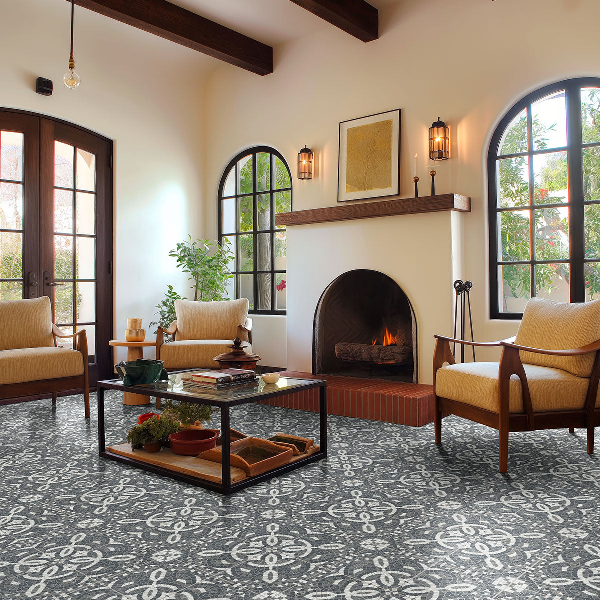 8x8 Constantino Patchwork Patterned Stone-Look Matte Textured Porcelain Tile Charcoal White