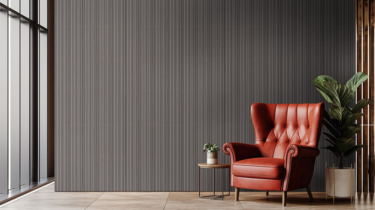 7x16 Folk Metallic-Look Satin 3D-Geometric Grooved Porcelain Tile Dark Gray