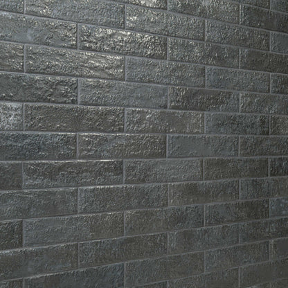 2.5x10 Mattonella Natural-Look Satin Textured Ceramic Tile Charcoal Grey