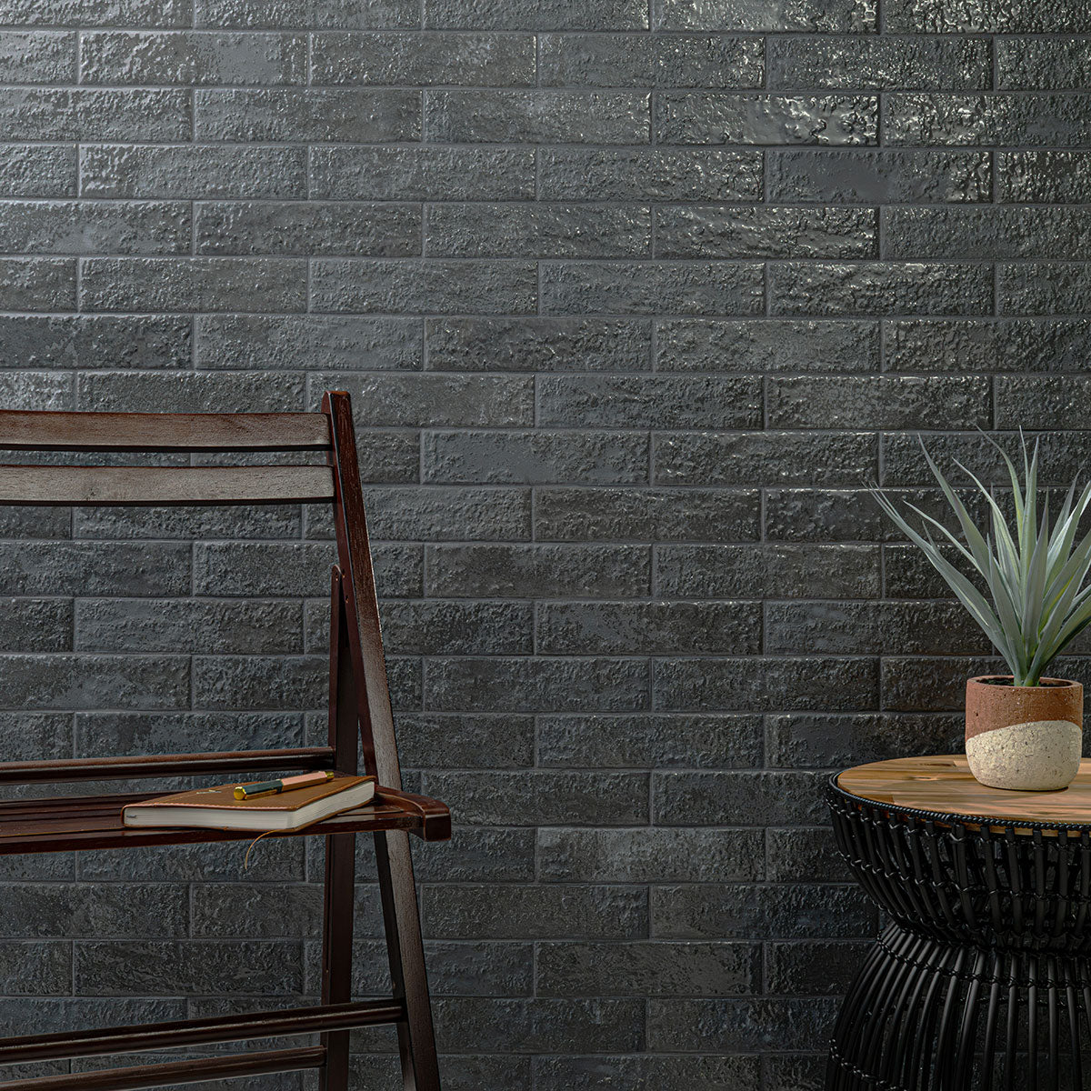 2.5x10 Mattonella Natural-Look Satin Textured Ceramic Tile Charcoal Grey