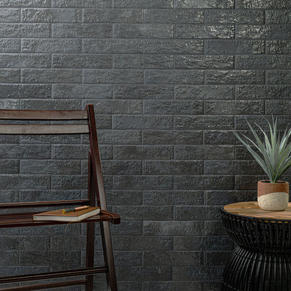 2.5x10 Mattonella Natural-Look Satin Textured Ceramic Tile Charcoal Grey