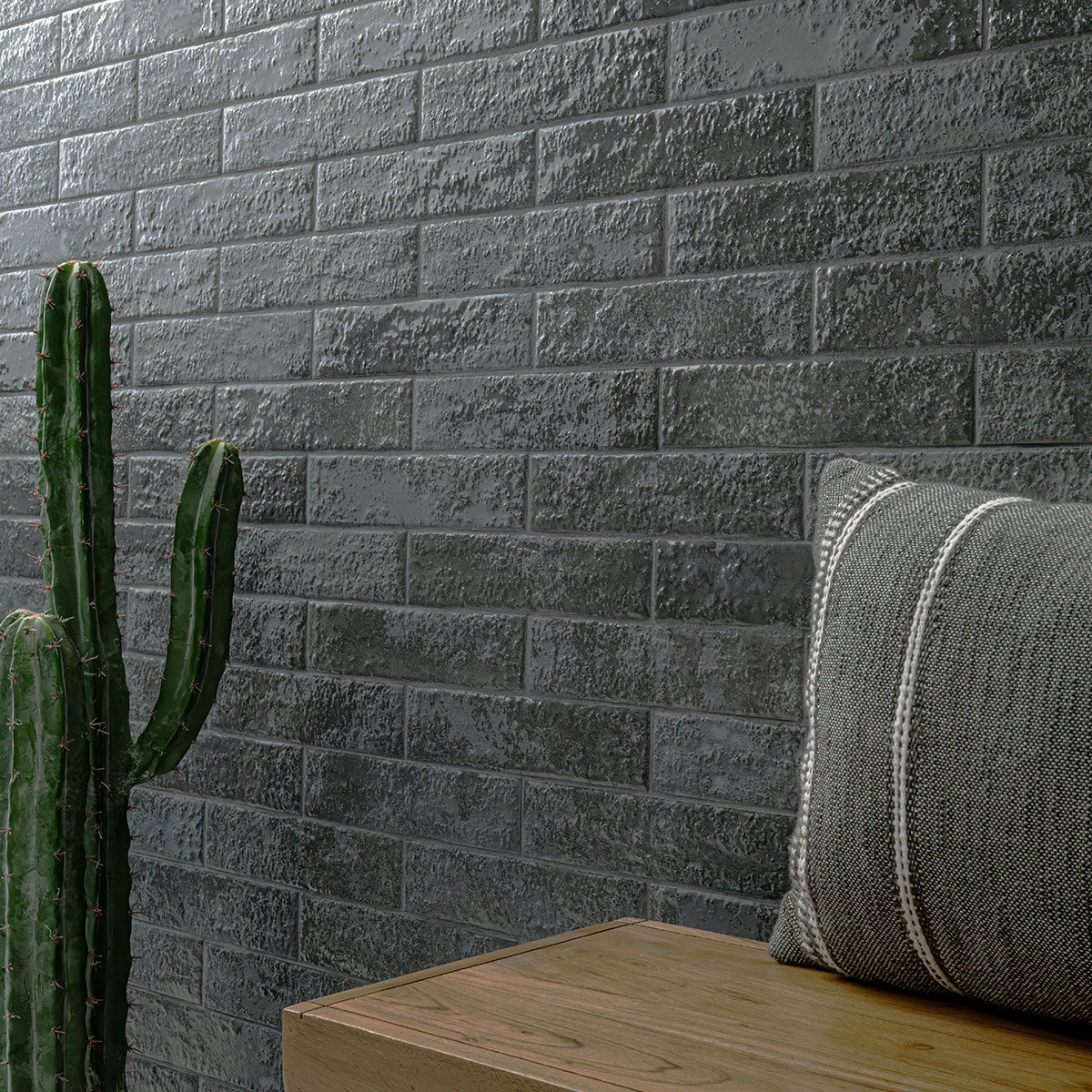2.5x10 Mattonella Natural-Look Satin Textured Ceramic Tile Charcoal Grey