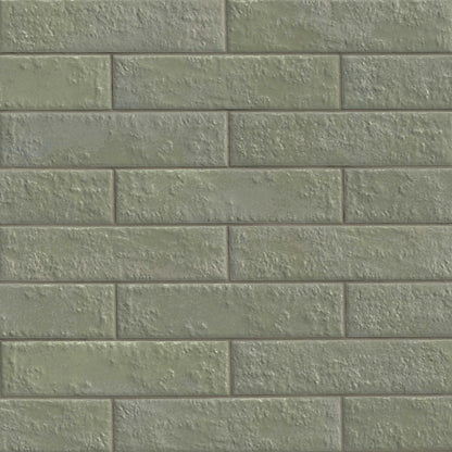2.5x10 Mattonella Natural-Look Satin Textured Ceramic Tile Sage Green