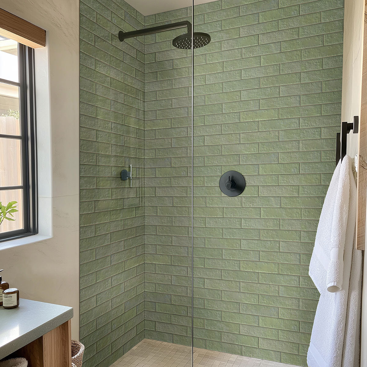 2.5x10 Mattonella Natural-Look Satin Textured Ceramic Tile Sage Green