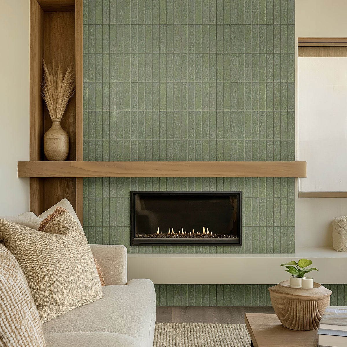 2.5x10 Mattonella Natural-Look Satin Textured Ceramic Tile Sage Green