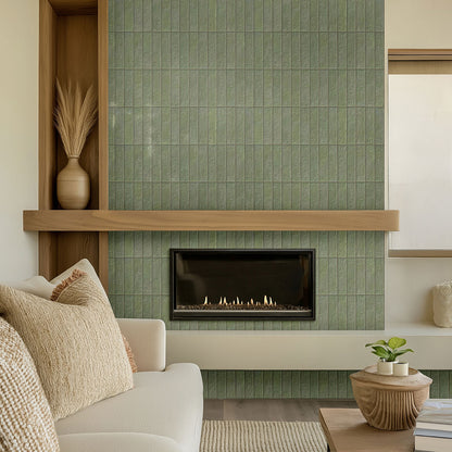 2.5x10 Mattonella Natural-Look Satin Textured Ceramic Tile Sage Green