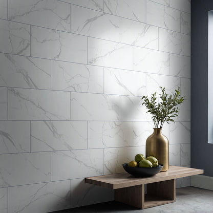 12x24 Roman Statuario Marble-Look Matte Smooth Porcelain Tile Soft White