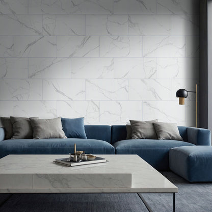12x24 Roman Statuario Marble-Look Matte Smooth Porcelain Tile Soft White