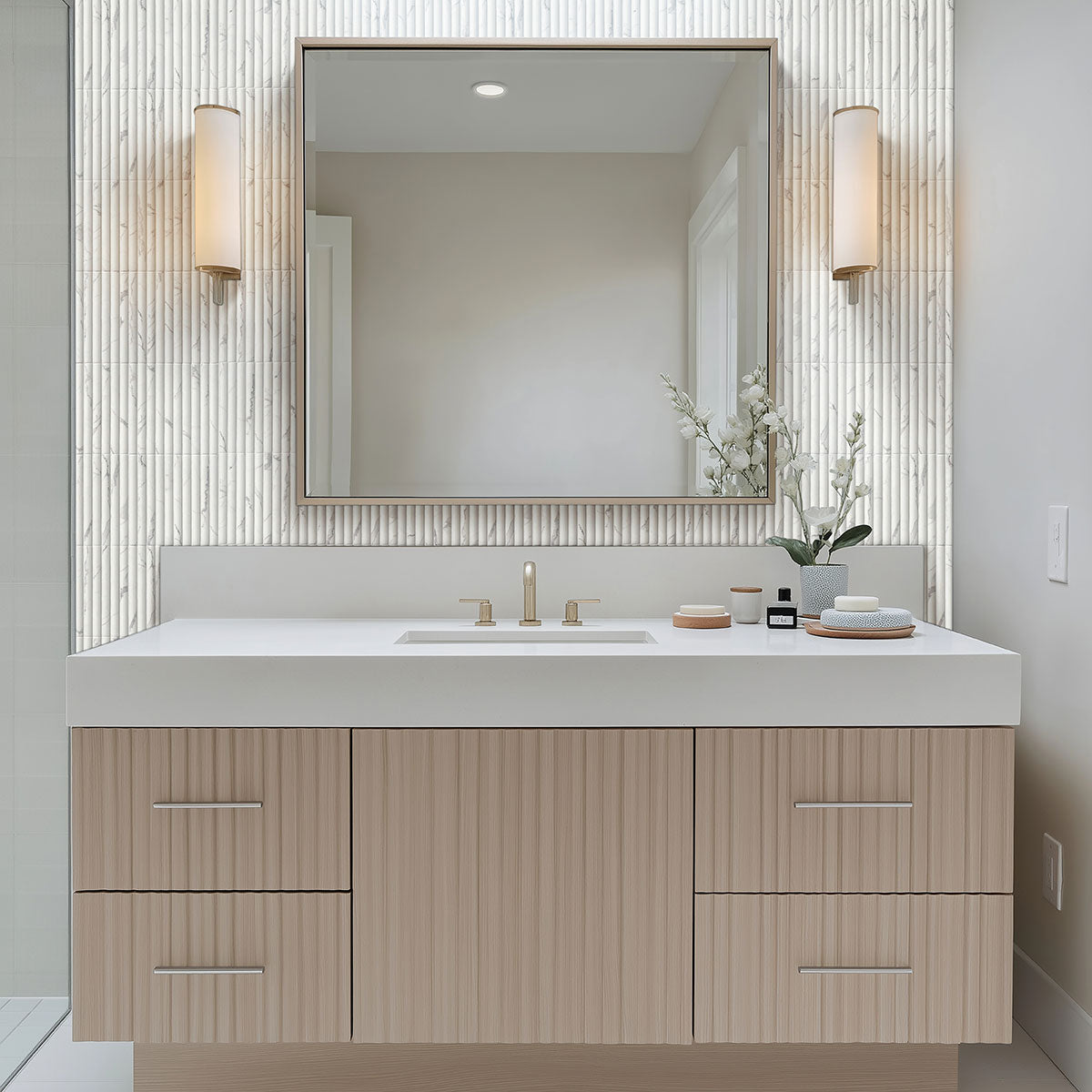 5x10 Scanalato Mosaic Marble-Look Satin 3D Geometric Faceted Porcelain Tile Soft White