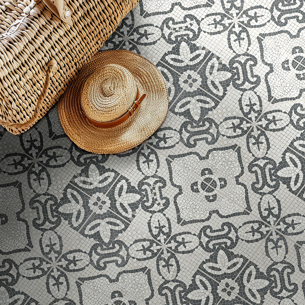 8x8 Trastevere Patchwork Patterned Mixed-Material Look Matte Textured Porcelain Tile Charcoal Grey