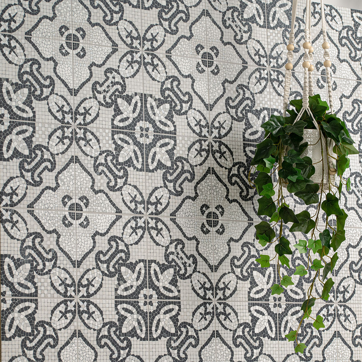 8x8 Trastevere Patchwork Patterned Mixed-Material Look Matte Textured Porcelain Tile Charcoal Grey