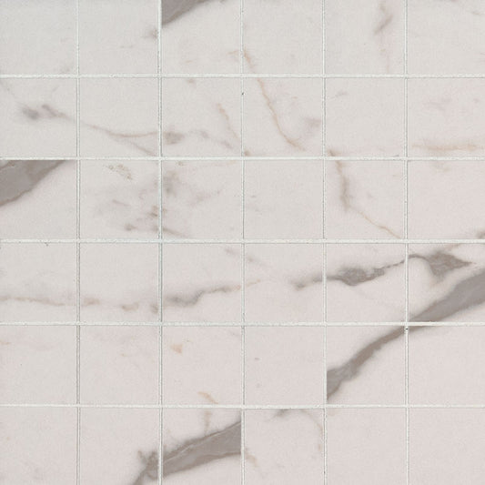 2x2 White Vena Mosaic Marble-Look Matte Smooth Ceramic Tile White Gray