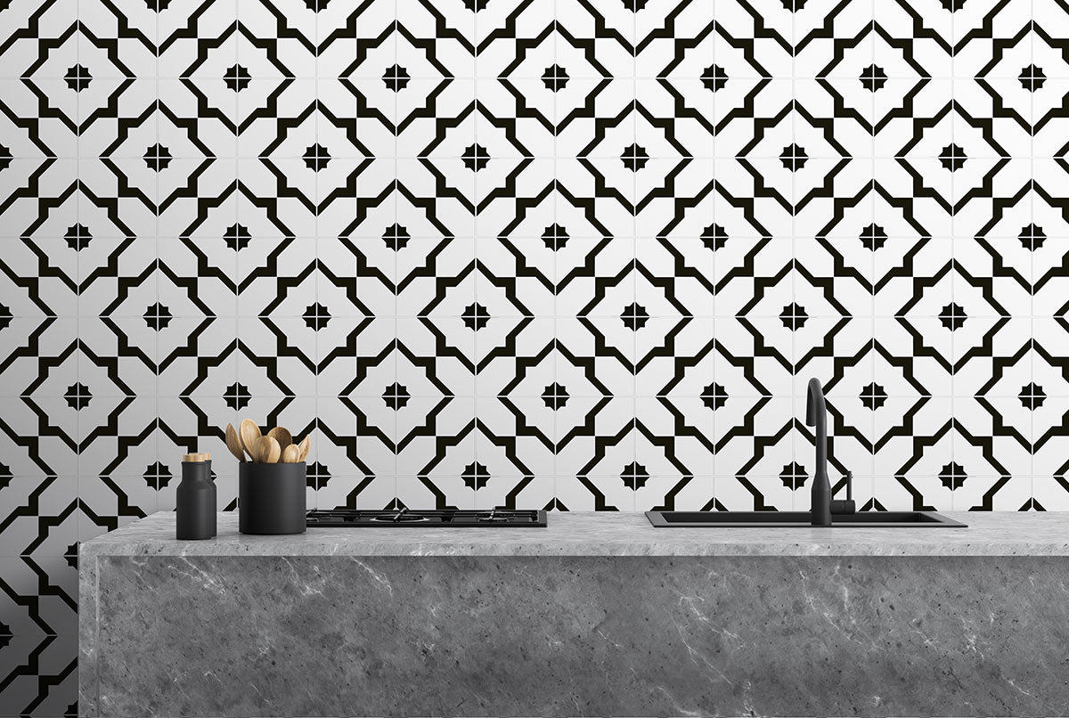 8x8 Zaria Diamond Patterned Natural-Look Matte Smooth Porcelain Tile Black White