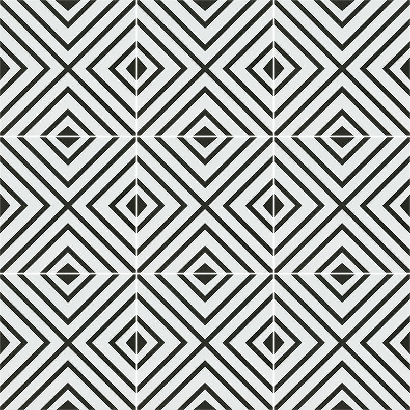 8x8 Zaria Framed Diamond Patterned Natural-Look Matte Smooth Porcelain Tile Black White