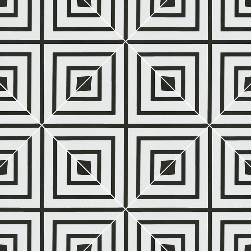 8x8 Zaria Framed Diamond Patterned Natural-Look Matte Smooth Porcelain Tile Black White