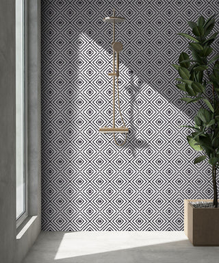Black White - 8x8 Zaria Framed Diamond Patterned Natural-Look Matte Smooth Porcelain Tile