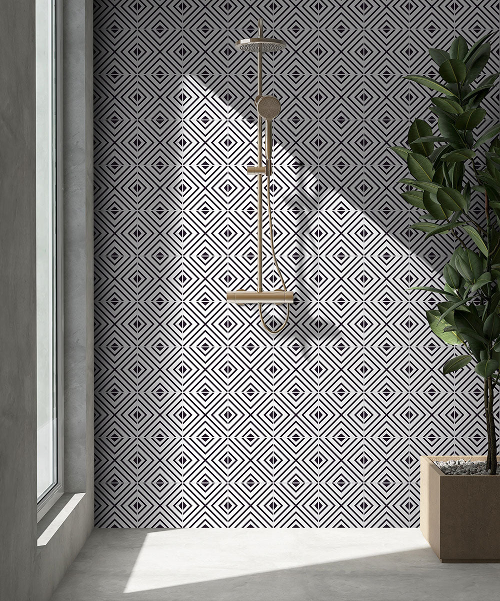 8x8 Zaria Framed Diamond Patterned Natural-Look Matte Smooth Porcelain Tile Black White