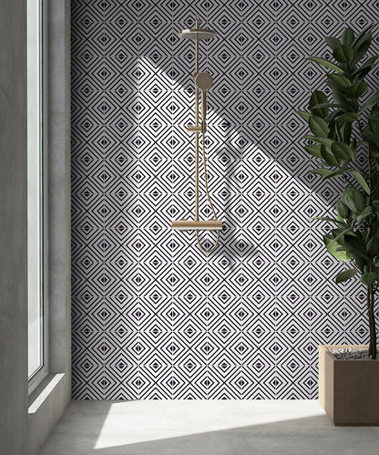 8x8 Zaria Framed Diamond Patterned Natural-Look Matte Smooth Porcelain Tile Black White