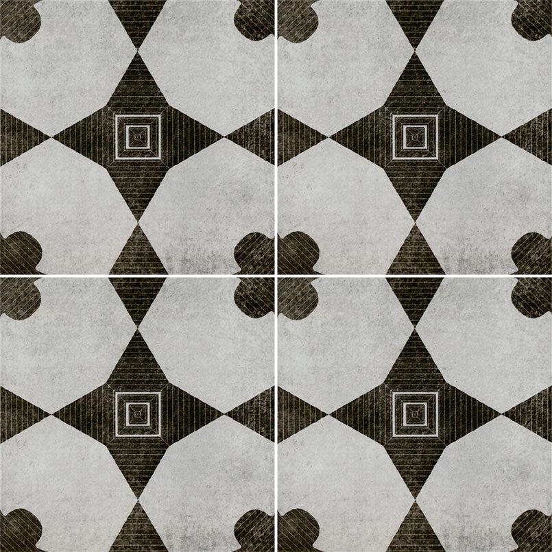 8x8 Zaria Diamond Clover Patterned Stone-Look Matte Smooth Porcelain Tile Grey Black
