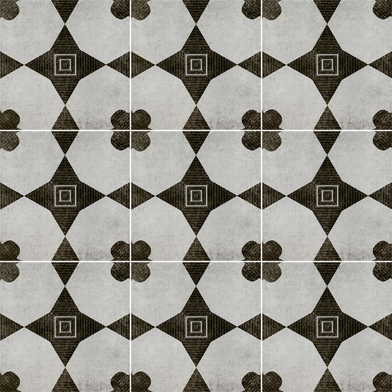 8x8 Zaria Diamond Clover Patterned Stone-Look Matte Smooth Porcelain Tile Grey Black