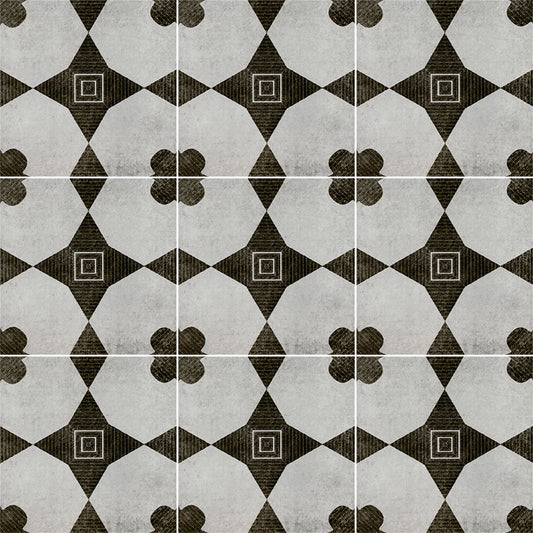 Grey Black - 8x8 Zaria Diamond Clover Patterned Stone-Look Matte Smooth Porcelain Tile