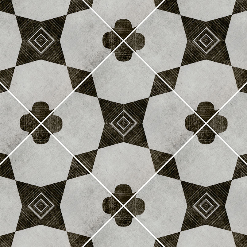 8x8 Zaria Diamond Clover Patterned Stone-Look Matte Smooth Porcelain Tile Grey Black
