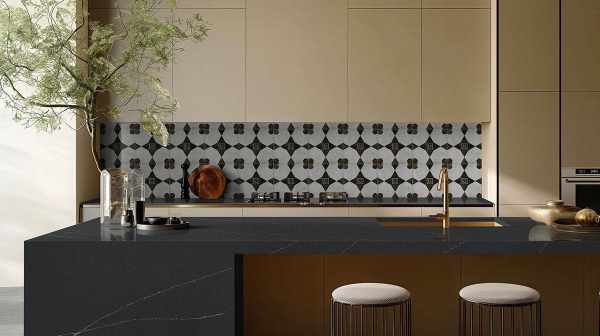 8x8 Zaria Diamond Clover Patterned Stone-Look Matte Smooth Porcelain Tile Grey Black