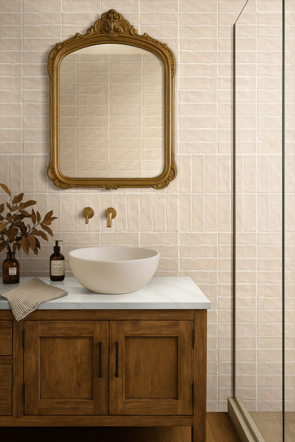 2.5x8 Zest Solid-Color Satin Wavy Ceramic Tile Cream Beige