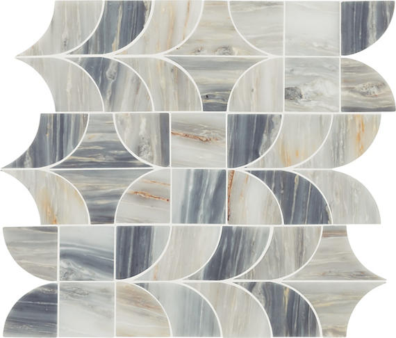 14x16 Gamma Multi-Polygon Scallop Wave Mosaic Marble-Look Polished Smooth Stone Tile White Gray