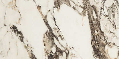 24x48 Panoramic Duet Subway Pattern Medium Veining Natural Marble-Look Polished Smooth Porcelain Tile Earth Brown