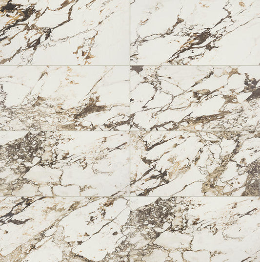 24x48 Panoramic Duet Subway Pattern Medium Veining Natural Marble-Look Polished Smooth Porcelain Tile Earth Brown