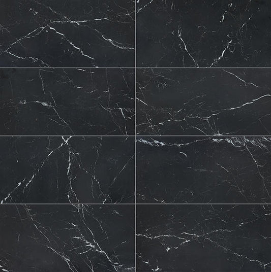 24x48 Panoramic Duet Subway Pattern Medium Veining Natural Marble-Look Polished Smooth Porcelain Tile Dark Black