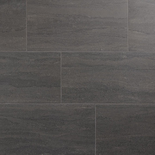 24x48 Haddonstone Medium Veining  Stepwise Stone-Look Matte Smooth Porcelain Tile Velvet Black