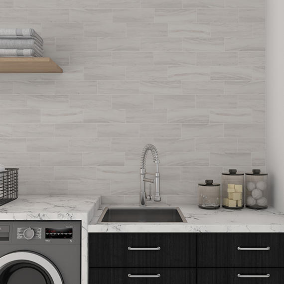 6x18 Platinum  Natural Marble-Look Glossy Smooth Porcelain Tile Soft Cream Gray
