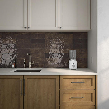 4x12 Studio Haven  Mosaic Stone-Look Glossy Smooth Ceramic Tile Deep Brown