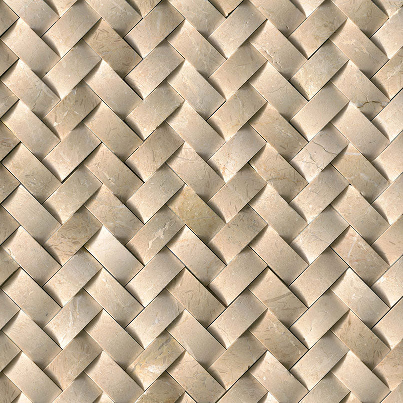 12x12 Crema Mosaic Natural-Look Polished 3D Geometric Herringbone Marble Tile Soft Beige