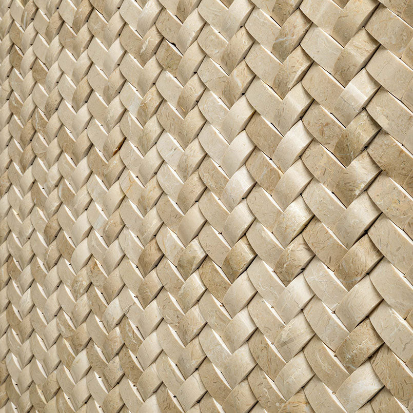 12x12 Crema Mosaic Natural-Look Polished 3D Geometric Herringbone Marble Tile Soft Beige
