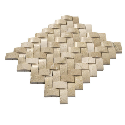 12x12 Crema Mosaic Natural-Look Polished 3D Geometric Herringbone Marble Tile Soft Beige