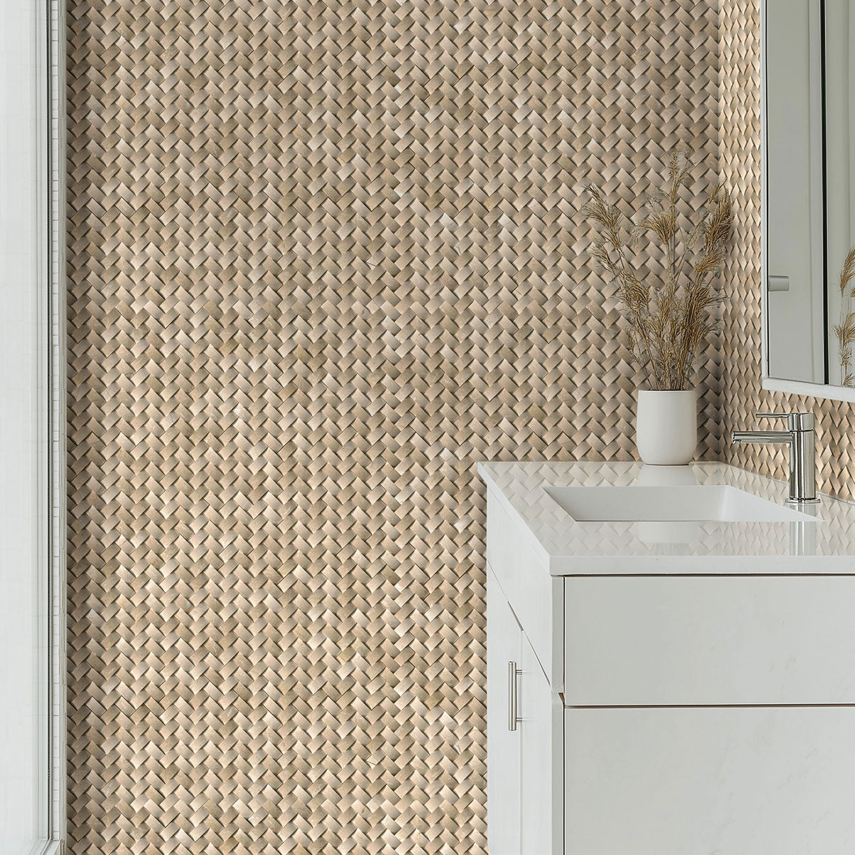 12x12 Crema Mosaic Natural-Look Polished 3D Geometric Herringbone Marble Tile Soft Beige