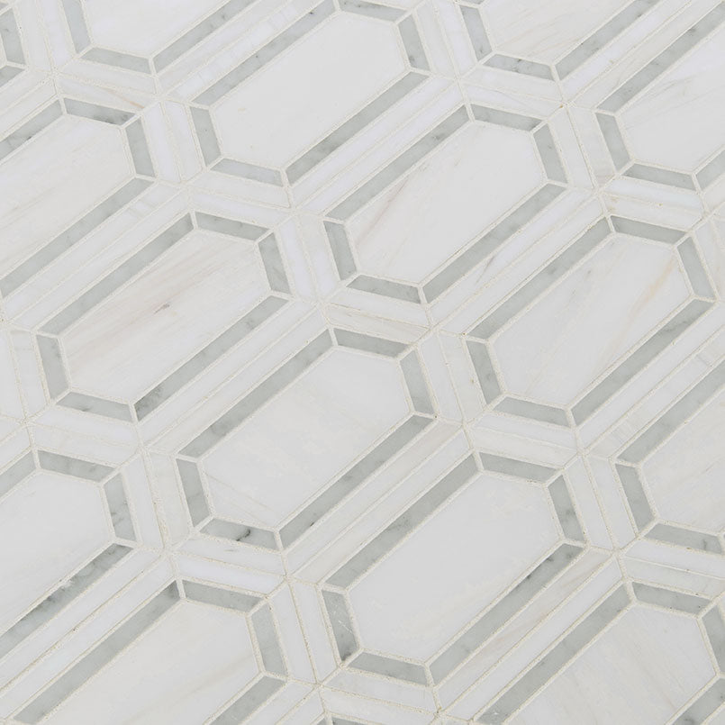 12x12 Pavilon Picket Mosaic Natural-Look Polished Smooth Marble Tile White Green
