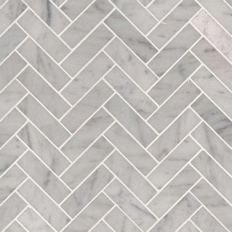12x12 Carrara Herringbone Mosaic Natural-Look Polished Smooth Marble Tile Soft Gray