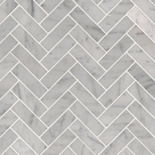 12x12 Carrara Herringbone Mosaic Natural-Look Polished Smooth Marble Tile Soft Gray